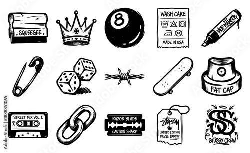 Hand Drawn Underground Street Culture Element Kit for Gritty Urban Apparel Design