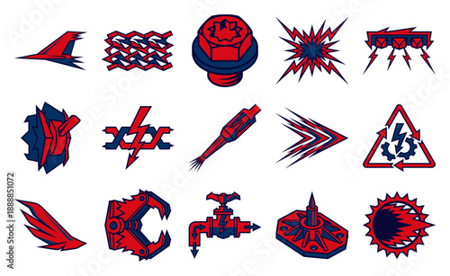 Isometric Industrial Cyberpunk Graphic Elements Kit for Mechanical Engineering and Sci-Fi Interface Design