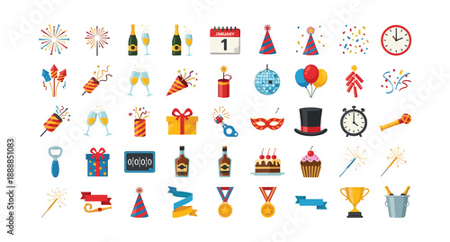 Vibrant New Year's Eve party icons for celebrations and festivities