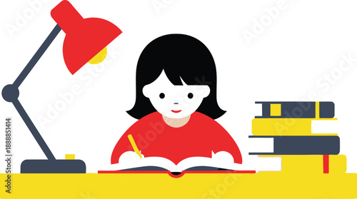 Young girl with black hair diligently writes in an open book while sitting at a desk illuminated by a red desk lamp.
