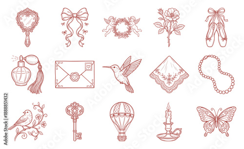 Vintage Engraving Coquette Aesthetic Graphic Element Kit for Romantic Branding and Scrapbooking