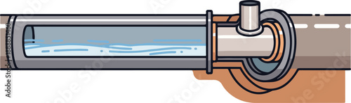 Illustration of a pipe system with flowing water and connected tubes viewed from the side