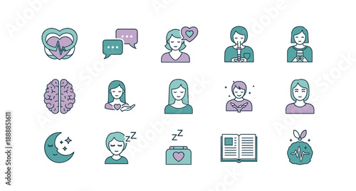 Mindfulness and wellness icons for mental health and self-care