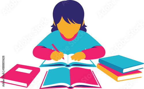 Child with blue shirt diligently writes in an open book surrounded by several stacked colorful textbooks.