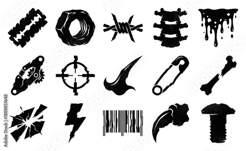 Grungy Linocut Distorted Industrial Elements Graphic Set for Brutalist Cyberpunk Design and Alt-Fashion Streetwear