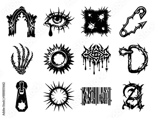 Cyber Sigilism Gothic Grunge Element Kit for Y2K Streetwear and Dark Aesthetic Graphic Design