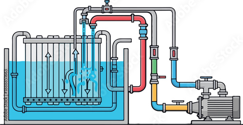 Industrial equipment illustration showing complex piping system and machinery components in a technical diagram view