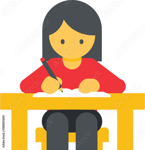 Female student with dark hair sits at a yellow desk writing with a pencil on white paper.