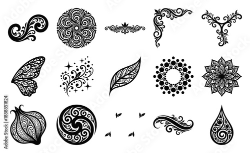Ornate Filigree Floral Engravings Graphic Asset Sheet for Ornamental Design and Stationery