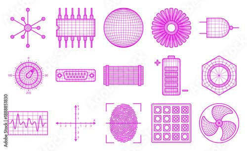 Wireframe Technology and Hardware Blueprint Asset Sheet for Cyberpunk Engineering Graphics