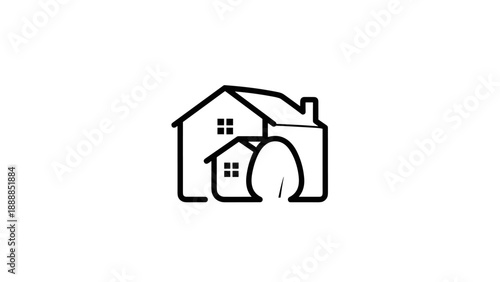 Simple Outline Icon of Two Houses with a Tree Representing Home and Community
