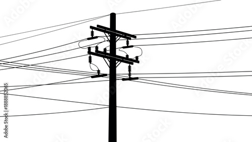 Black and white vector illustration of an electrical utility pole with high voltage power lines and complex cable wiring.
