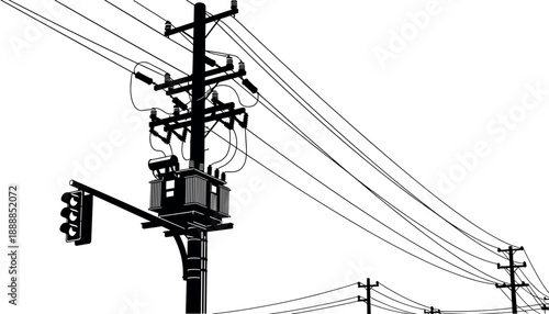 Black and white vector illustration of an electricity utility pole with a power transformer and complex wire network
