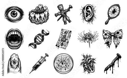 Vintage Engraving Macabre Anatomy and Occult Element Kit for Dark Gothic Aesthetic Graphic Design