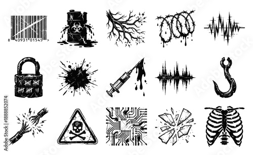 Grungy Hand-Drawn Gothic Horror Illustrations and Cyberpunk Industrial Graphic Element Kit for Dark Aesthetic Design