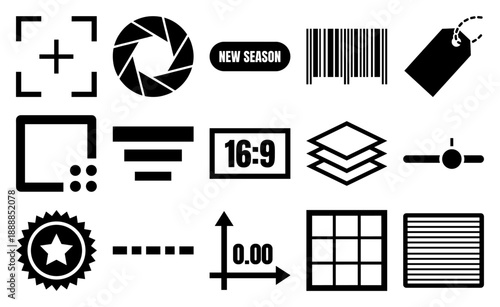 Minimalist Black and White Camera Settings and Retail Interface Asset Sheet for Photography Graphic Design