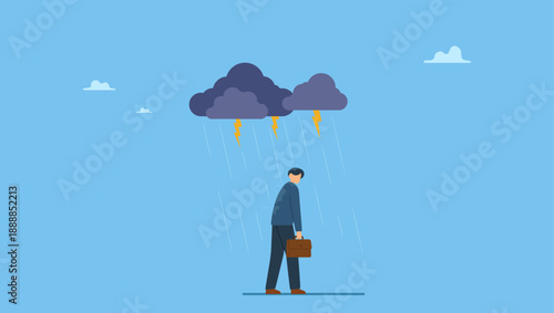 Depressed wet businessman walking in raining thunderstorm. Having bad day, disappointed work, discourage or depression, failure feeling bad or difficulty, having problem and trouble.