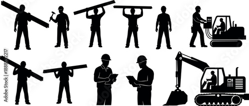 Black silhouette collection of construction workers carrying timber planks using heavy excavator machinery and tools on white background