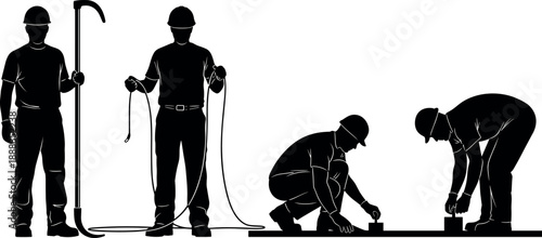 Black silhouette collection of construction workers in hard hats using tools and equipment isolated on a white background
