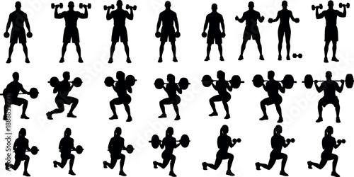 Black silhouette collection of men and women lifting dumbbells and barbells in various gym workout poses for animation