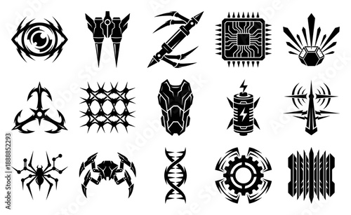 Stylized Sci-Fi Tech Glyphs and Cybernetic Tribal Asset Sheet for Futuristic User Interface Design