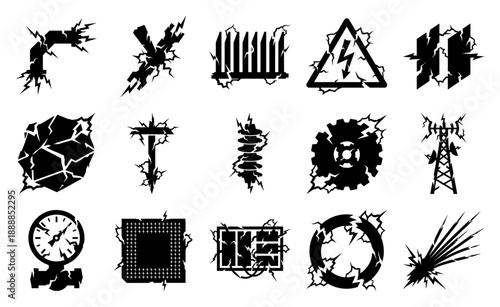 Flat Vector Industrial System Failure and Damage Asset Sheet for Infrastructure Disaster Management Graphics