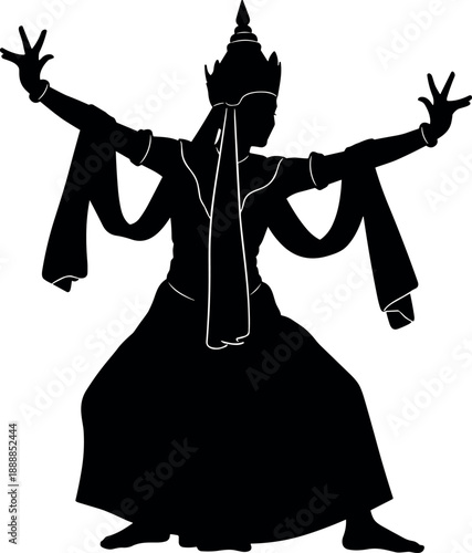 Black silhouette of a traditional Thai or Cambodian dancer in ornate costume performing graceful movements on white background