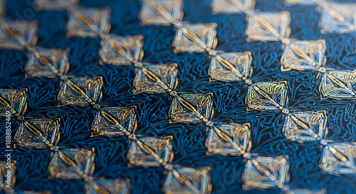 Abstract metallic grid of raised shapes featuring ornate symmetry and multicolor reflective finish