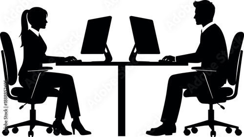 Black silhouettes of professional man and woman working at computers in office cubicle, corporate staff workstation, business desk,