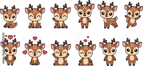 Cute cartoon baby deer character collection with different poses and emotions including happy sitting and waving for stickers