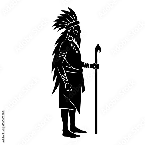 Silhouette Standing Native American Tribal Chief Holding Staff Illustration Graphic