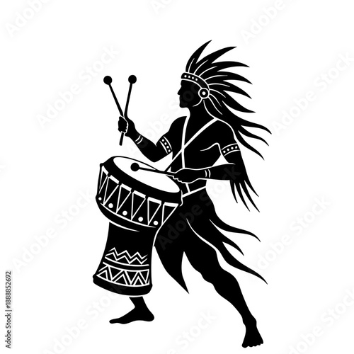 Foto Silhouette Tribal Drummer with Drumsticks Playing Musical Instrument Illustratio