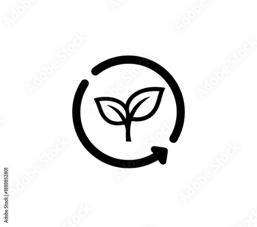 A minimalist vector image showing a young plant with two leaves inside a circular arrow, symbolizing the natural growth cycle, sustainability, and ecological renewal