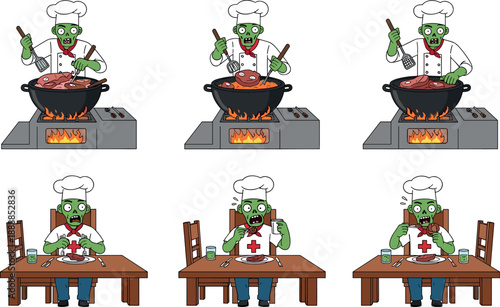 Funny zombie chef character cooking human meat in kitchen, undead cook eating dinner at table, cartoon horror vector,