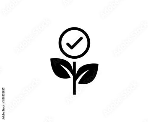 A vector image showing a checkmark inside a circle atop a budding plant, symbolizing verified sustainability, organic certification, and environmentally friendly approval
