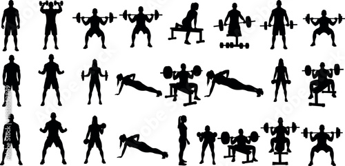 Diverse gym workout silhouettes set featuring men and women weightlifting powerlifting and bodyweight exercises for fitness training health icons