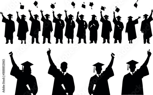Graduation silhouettes set of students throwing caps in air, graduates with diplomas celebrating academic success, commencement vector illustration,