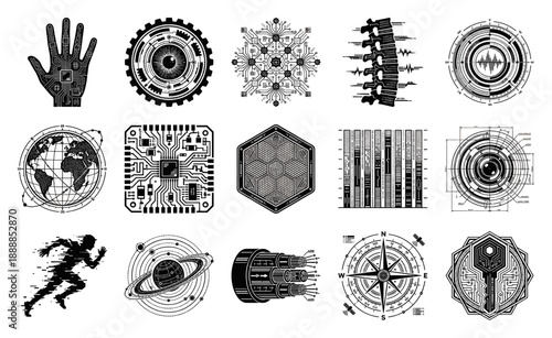 Black and White Woodcut Cyperpunk Biological and Tech Element Kit for Futuristic Interface Design