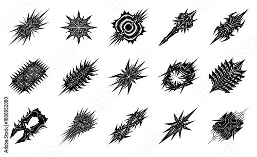 Aggressive Neo-Tribal Cyber-Sigilism Graphic Element Asset Sheet for Hardcore Streetwear and Y2K Edgy Design