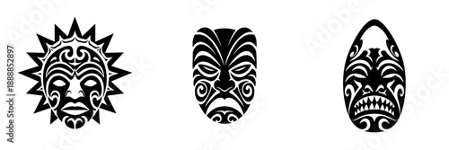 Ornate Tribal Style Maori Mask Icon Set Illustration Design