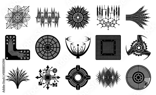 Abstract Cybernetic Tech Elements and Futuristic Circuitry Asset Sheet for Sci-Fi Interface Design