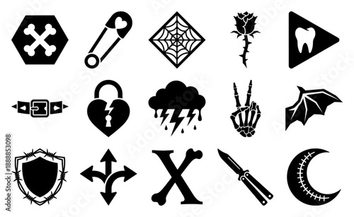 Flat Vector Punk Grunge Aesthetic Graphic Set for Alternative Fashion Branding and Emo Subculture Asset Sheet