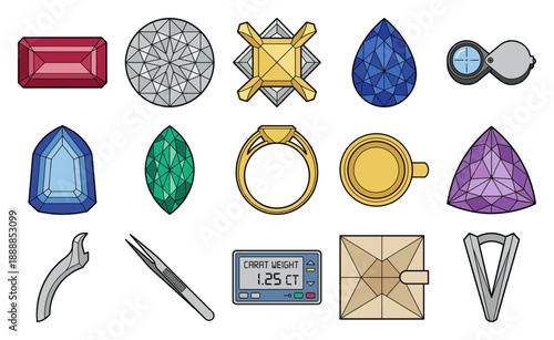 Flat Vector Gemology and Jewelry Appraisal Element Kit for Professional Goldsmith Graphic Design