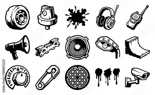 Gritty Underground Street Culture Graphic Element Kit for Urban Lifestyle and Skateboard Subculture Design