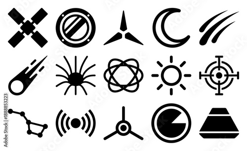 Minimalist Black Aerospace and Celestial Navigation Icon Set for Space Exploration Graphics and Sci-Fi Interface Design