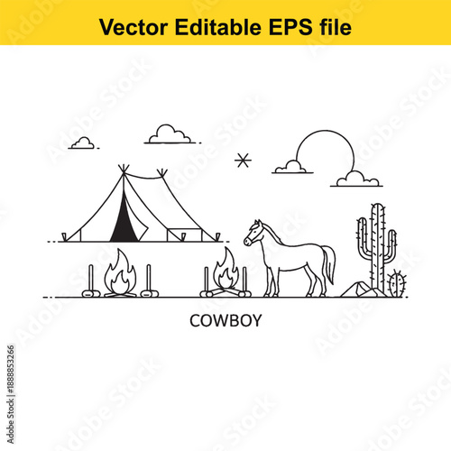  Cowboy tent horse desert landscape vector illustration