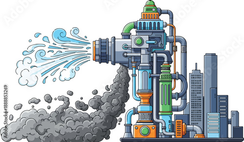 Industrial machinery emitting pollution into the urban environment, viewed from the side