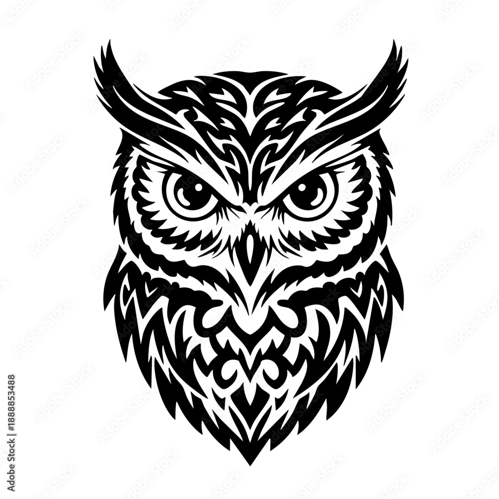 Obraz premium Intricate Tribal Patterned Owl Illustration Bird of Prey Graphic Design