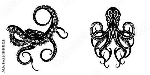 Intricate Lineart Octopus Marine Creature Silhouette with Tentacles Illustration Design