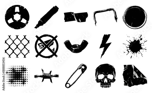 Grungy Distressed Underground Punk Graphic Element Kit for Brutalist Streetwear and Zine Design